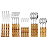 Bamboo and Stainless Steel Dinnerware Set with Natural Handles, Retro Cutlery, Steak, Opaque, Fork, Spoon, Dessert Gift, 20/30 Pieces