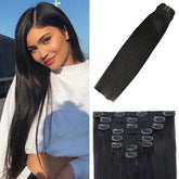 Extensions de cheveux humains à clipser pour femmes, vrais cheveux humains, 120 Remy, raides, noir naturel, # 1B, mode, 100% g, 8 pièces