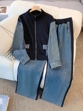 Ensemble pantalon en Denim, col montant, Patchwork, manteaux de rue, hauts à jambes larges, jean gothique droit, Vintage, ensemble deux pièces Simple