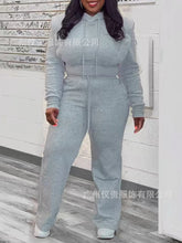 Fashionable two-piece set for women, plus size, solid color hoodie, straight leg pants with drawstring, casual street style outfit