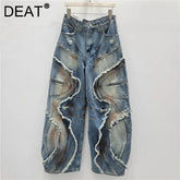 DEAT 2025 automne nouvelle mode Patchwork bavures Cargo Denim pantalon pour femmes taille haute ample jambe large jean femme à la mode 11A06257
