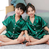 Children's Clothing for Teenage Girls, Pink Satin Long-Sleeved Pyjamas, Kids Homewear, Boys' Solid Color Silk Nightgown, Baby Pyjamas (PJs)