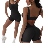 Backless Yoga Jumpsuit, 1 Piece, U-Neck, Sleeveless, Sports Jumpsuit, Solid Color, Mesh, Stretchy, Women's Bodysuit, No Bust Pads