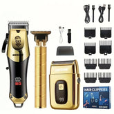 Kit de toilettage pour hommes, ensemble de 3 pièces, tondeuse à cheveux dorée noire avec écran LCD, rechargeable par USB, 8 peignes de guidage, tondeuse et rasoir