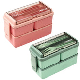 Boîte à déjeuner Portable Double couche pour enfants, avec fourchette et cuillère, boîtes à Bento pour micro-ondes, ensemble de vaisselle, conteneur de stockage des aliments