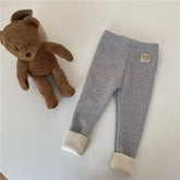 Girls' fleece-lined leggings, warm winter stretch pants with bear patch, soft pants for children aged 1-6 years