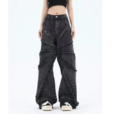 Y2K Women's Wide Leg Hip Hop High Waist Jeans, Black Lazy Oversized Retro Embroidery Pattern High Street Clothing