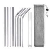 Reusable drinking straw made of 304 stainless steel, straight and curved metal straw with cleaning brush pouch, wholesale