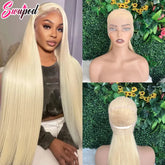 Perruque Lace Front Wig 100% naturelle, cheveux lisses, blond 250, pre-plucked, sans colle, densité 613, HD, ultraviolets