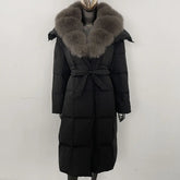 Veste d'hiver chaude et élégante pour femme, avec ceinture à capuche, simple boutonnage, col en vraie fourrure de renard, manteau épais et ample en duvet de canard blanc