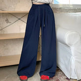 Women's High-Waisted Wide-Leg Pants, Chic, Grey, Navy Blue, Korean Style, Versatile, Drawstring, Wide Legs, Baggy, Autumn