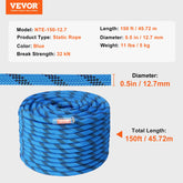 VEVOR Corde d'Escalade Statique 12,7 mm 60,96 m, Corde de Sécurité Extérieure Tension de Rupture 32 kN, en Fibre avec Mousquetons en Acier, pour Évasion, Descente en Rappel, Sauvetage Incendie, Bleu