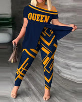 Women's Printed 2 Piece Set, Irregular Slanted Collar Split Top Short Sleeve Long Pants Colorful Outfit Fashion Women Pant Suit