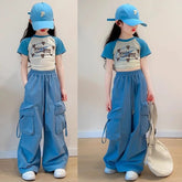 Pantalons Cargo pour filles, pantalons de printemps droits à jambes larges avec poches, pantalons amples à la mode pour adolescents de 5 à 14 ans