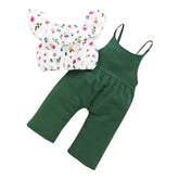 Clothing set for little girls aged 1 to 5 years, floral print, lotus leaf, crop top + suspender pants, cute and fashionable outfit, 2 pieces