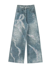 Butterfly print casual jeans for American girls, plus size, blue, versatile, Korean style, wide-legged long pants, new summer collection