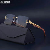 Frameless square wooden sunglasses for men and women, vintage, fashionable, luxury, retro, 2023