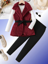 Gilet en velours d'agneau rouge vin pour enfants, haut à bande de fosse, mince, longue ceinture, costume simple amincissant, hiver, filles, 3 pièces