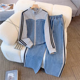 Women's Two-Piece Denim Pants Set, Spliced Zipper Closure, Matching Casual Coats, Wide Leg Long Pants with Lace-Up Elastic Waist, 2025