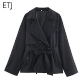 ETJ Autumn 2025 New Collection Women's British Style Double-Breasted Lapel Mesh Colour Belted Casual Trench Coat