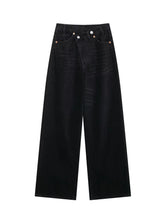 Women's high-waisted, wide-leg, asymmetrical jeans: new basic, versatile fashion styles. Straight-leg trousers.