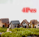 Figurine Miniature de maison, accessoire de jardin féerique, décoration de maison, Statue de construction d'animaux de dessin animé, voiture de poupée artisanale en résine, 4 pièces
