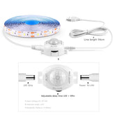 Bande lumineuse LED USB 5V, étanche, SMD2835, avec capteur de mouvement PIR sensible, temps de retard réglable pour cuisine, chambre à coucher, couloir