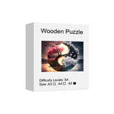 Creative wooden puzzle featuring Yin Yang, sun, moon, and tree of life, hand-decorated, fun for exploring puzzles, educational toys, birthday gift