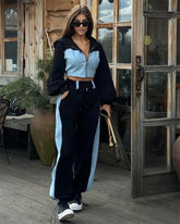 Ensemble 2 pièces en denim patchwork pour femmes, tenue décontractée, sweats à capuche minces, haut court, pantalon de survêtement à jambes larges, streetwear imbibé, survêtements à la mode