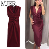 MUJER robes longues plissées pour femmes sans manches robes de soirée pour femmes Chic fête robe mi-longue femme drapée moulante robe pour femme