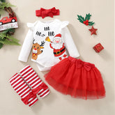 Ensemble de vacances pour enfants, body imprimé père noël + jupe en fil + bandeau + chaussettes, ensemble de noël pour bébé fille de 0 à 18 mois, 4 pièces/ensemble