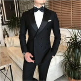 Men's 2-piece black suit (jacket and trousers), peak lapels, double-breasted, tailored blazer, wedding tuxedo, men's formal suit