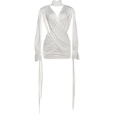 Sisterlinda – Women's Wrap Dress, High Neck, Bandage, Tassel, Slit, Long Sleeves, Open Back, Pleats, Sexy, Bodycon, Midnight Party, Y2K
