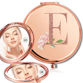 Round magnifying makeup mirror, double-sided, made of metal, cosmetic, portable, glass, compact, rose gold lettering pattern