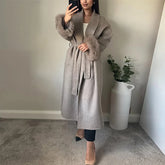 Women's Long Lace-Up Coat, Elegant Office Coat in Wool, Fur, Patchwork, Long Sleeves, Loose Cardigan Jackets, New 2025 Collection