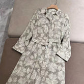 Women's Ginkgo print midi dress, beaded detailing, turn-down collar, belts, long sleeves, breathable, lightweight, ladies', 100%