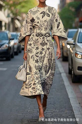 Elegant floral ocean dress for women, ankle-length, made of polyester fiber, independent station, cross-border, 2025