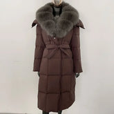 Warm and elegant women's winter jacket with a hooded belt, single-breasted closure, real fox fur collar, thick and roomy coat filled with white duck down