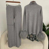 Women's knitted sweater and pants set in wool and blend, with genuine Mongolian sheep fur cuffs, high-quality knitted suit 2025