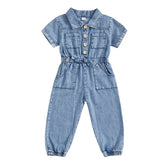 Barboteuse en jean pour petites filles, manches courtes, revers boutonné, combinaison pleine longueur avec poches
