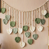 Modern woven wall art, beautiful room decoration, green leaves hanging on the walls, bohemian style, feather, Ramadan Easter gift