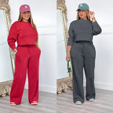 Ensemble de vêtements pour femmes, pull + pantalon, 2 pièces, costumes d'hiver épais et chauds, couleur unie, survêtement décontracté