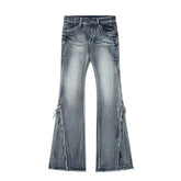 Women's Ruffled Denim Jeans, Retro American Style, Low Rise, High Elasticity, Slimming, Wide Leg, Mop Pants, Autumn