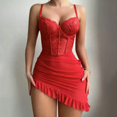 Ensemble de lingerie de mariée en dentelle européenne avec armatures, une pièce en maille transparente et bretelles froncées, vêtements de nuit sexy Boudoir, slip intégré