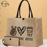 Sac fourre-tout en lin 2 pièces, sac à main en toile de grande capacité, sacs de Shopping, sac de maquillage, porte-monnaie pour mariage, cadeau d'anniversaire, vacances à la plage