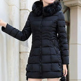 Women's autumn and spring puffer jacket, solid color, long sleeves, high collar, design with faux fur collar, zipper closure, 2025