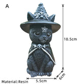 Halloween decorative figurine, garden witch cat sculpture, gothic kitten statue, black magic cat, owl, magician ornament, cute miniature