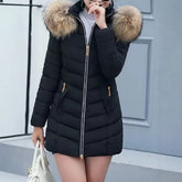 Women's winter coats, trendy quilted long jacket, detachable faux fur hood, long sleeves, front zip fastening, cold weather, 2025