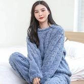 Women's warm, thick velvet pajama set, sweater and pants, bedding sets, warm, smiling, monochrome, casual, autumn, 2 pieces
