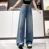Wide-leg, high-waisted, light blue, plus-size, elastic waistband, D-string pants, slimming maxi pants